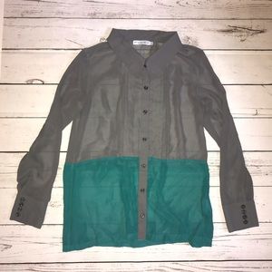 Fond Sheer Teal & Gray Button Down Top Small